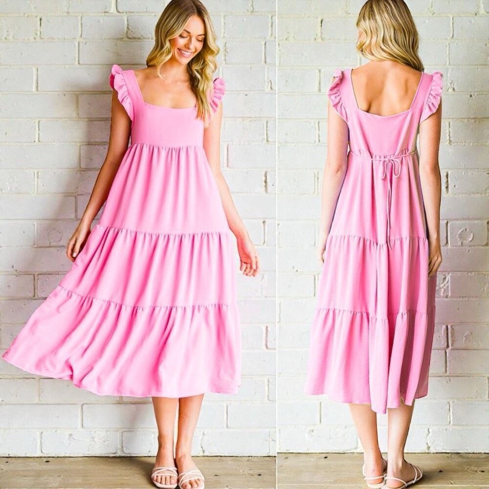 Pink Ruffled Sleeveless Tiered Midi Dress NWT | Reborn J - Picture 2 of 9